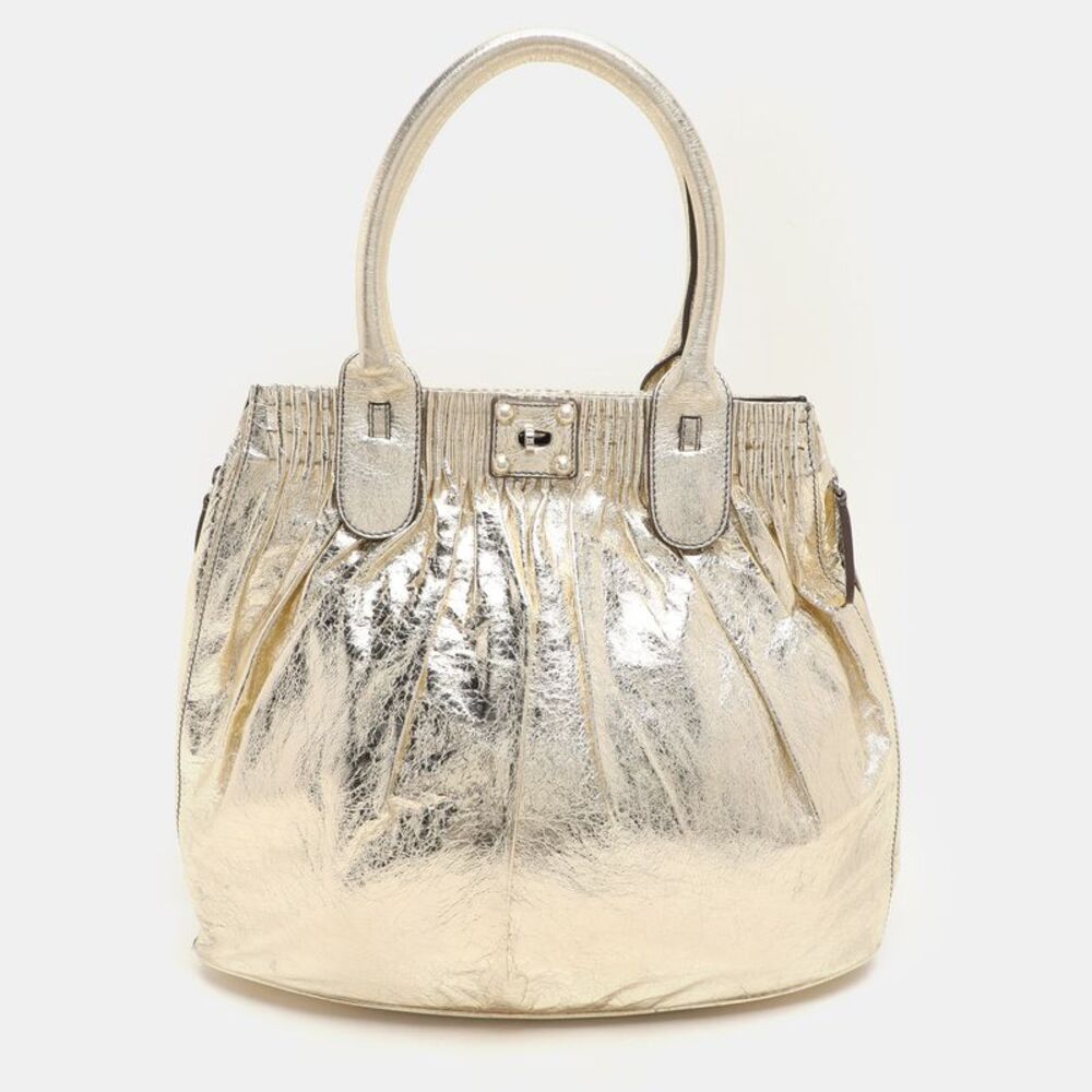 Zagliani Gold Crinkled Leather Side Zip Detail Tote